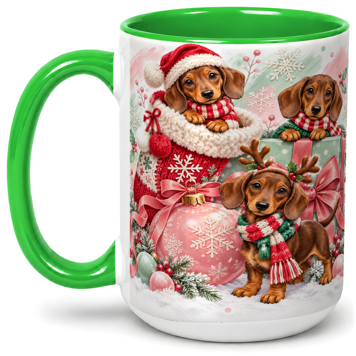 #pl[15oz|Green] Christmas Dachshund Puppies Accent Mug, Ceramic Holiday Cup