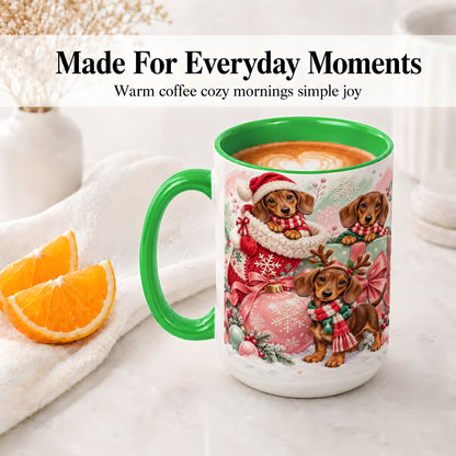 #pl[15oz|Green] Christmas Dachshund Puppies Accent Mug, Ceramic Holiday Cup