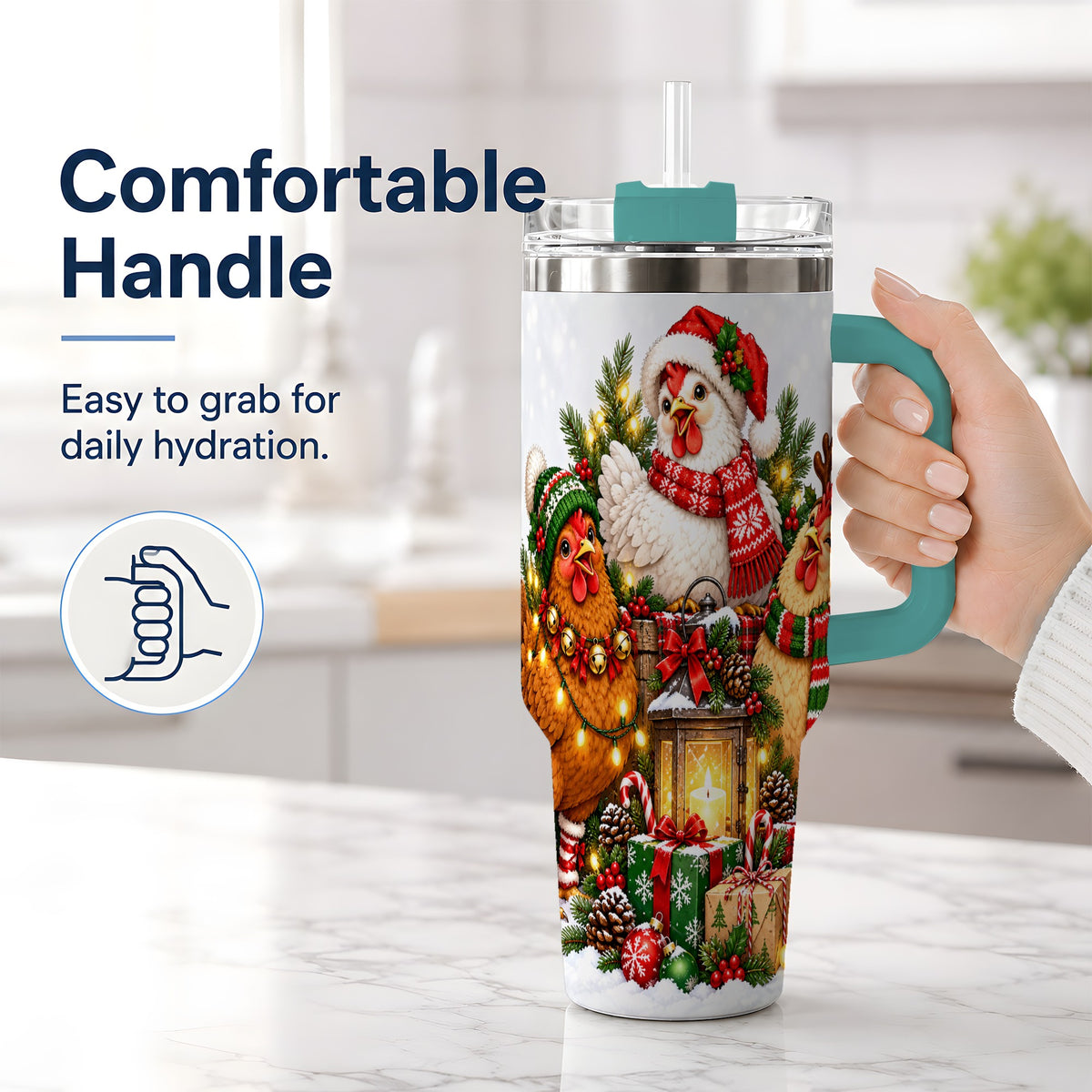#pl[40oz|Green] Christmas Chickens Handled Tumbler, 40oz Farmhouse Holiday Drinkware
