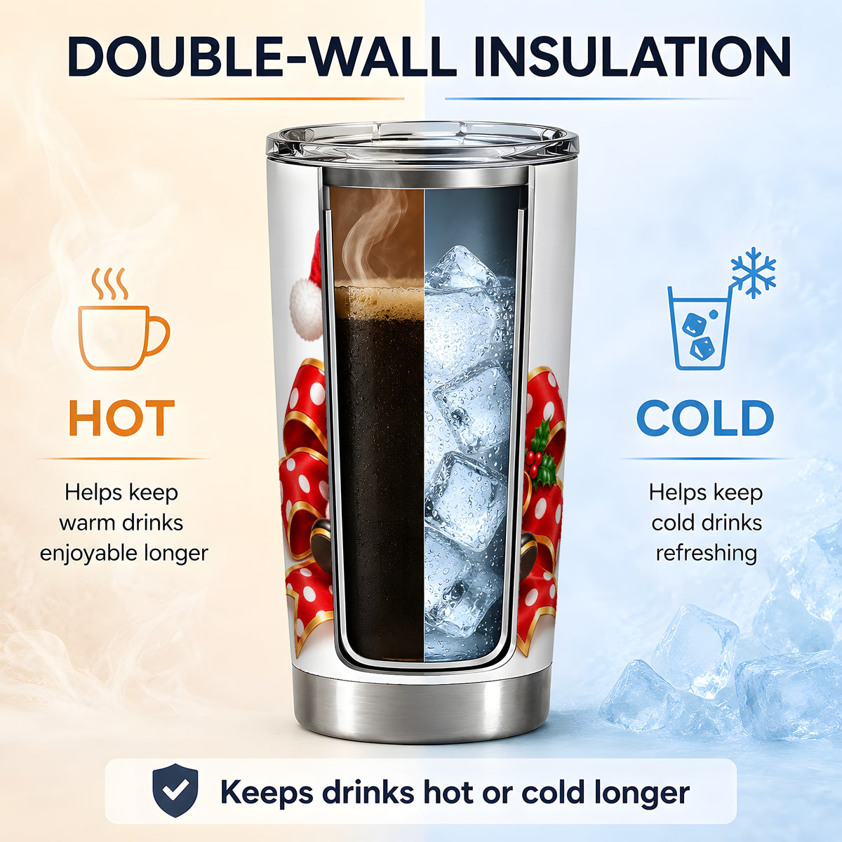 Santa Claus Christmas Tumbler, 20oz Stainless Steel Holiday Drinkware