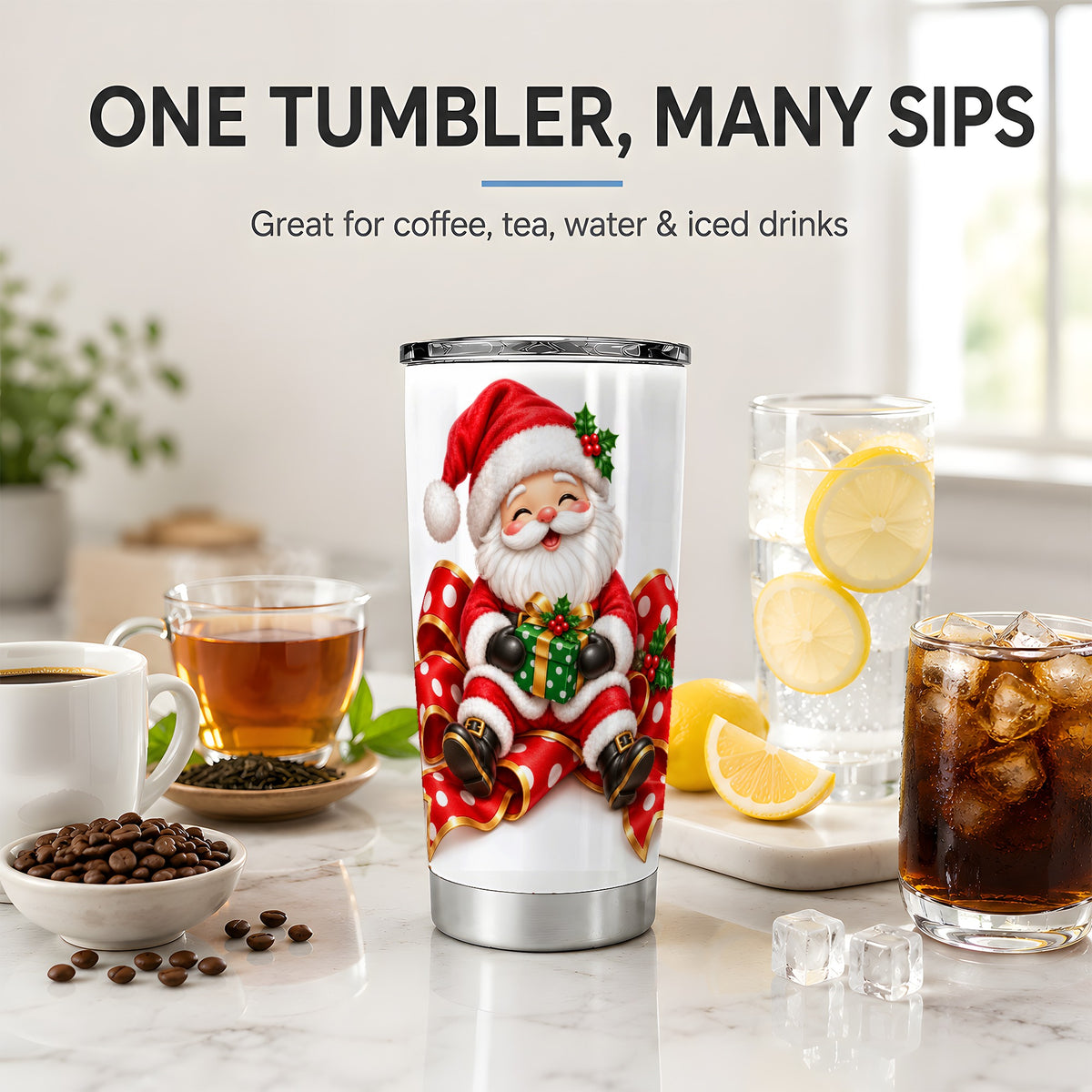 Santa Claus Christmas Tumbler, 20oz Stainless Steel Holiday Drinkware