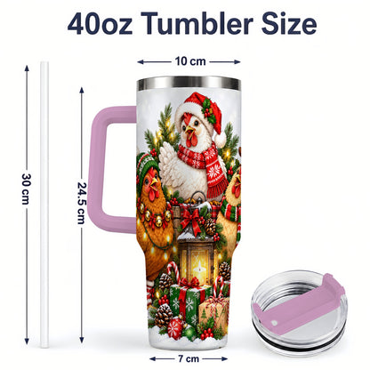 #pl[40oz|Pink] Christmas Chickens Handled Tumbler, 40oz Farmhouse Holiday Drinkware