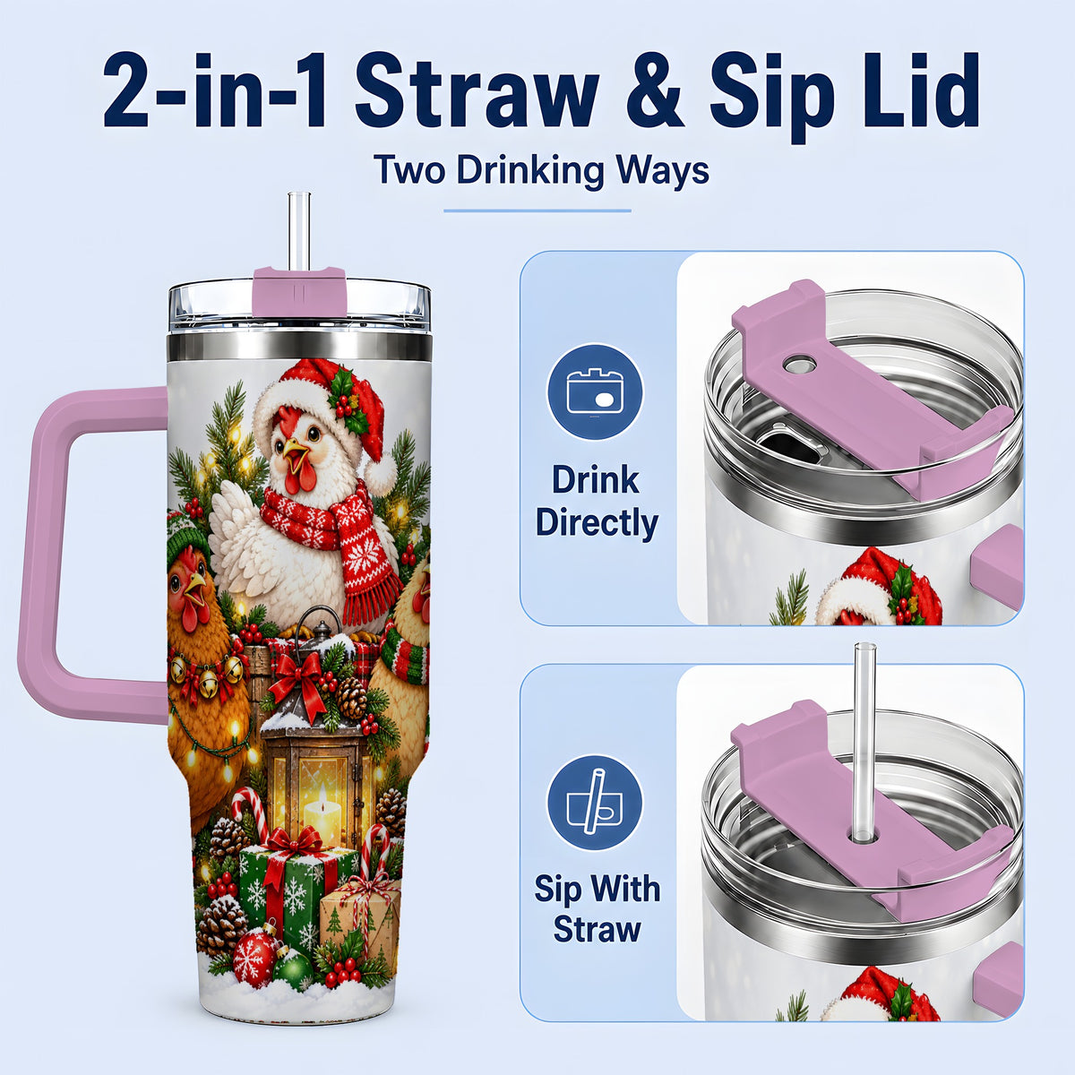 #pl[40oz|Pink] Christmas Chickens Handled Tumbler, 40oz Farmhouse Holiday Drinkware