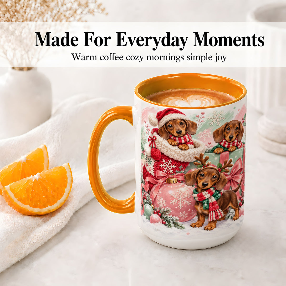 #pl[15oz|Orange] Christmas Dachshund Puppies Accent Mug, Ceramic Holiday Cup