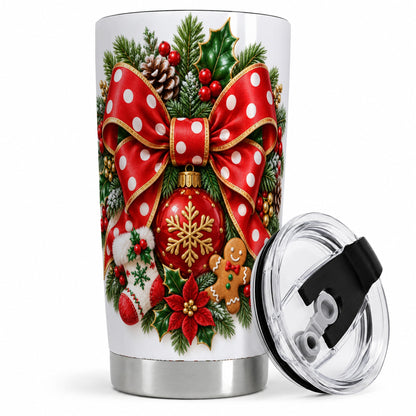 Christmas Wreath Bow Tumbler, 20oz Stainless Steel Festive Drinkware