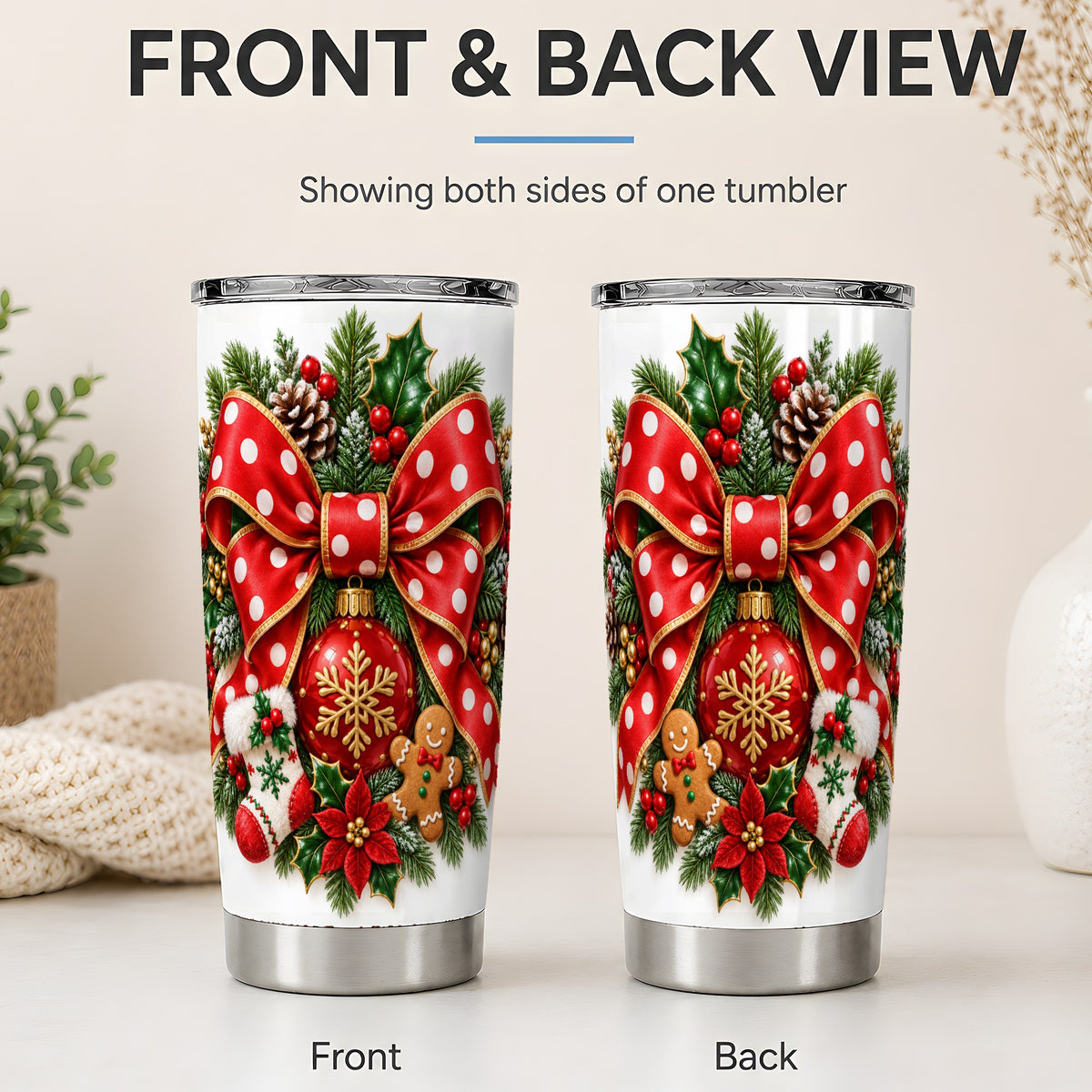 #pl[20oz|Steel] Christmas Wreath Bow Tumbler, 20oz Stainless Steel Festive Drinkware