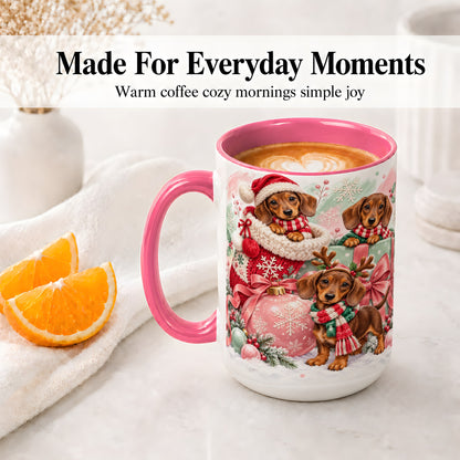 #pl[15oz|Pink] Christmas Dachshund Puppies Accent Mug, Ceramic Holiday Cup