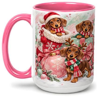 #pl[15oz|Pink] Christmas Dachshund Puppies Accent Mug, Ceramic Holiday Cup