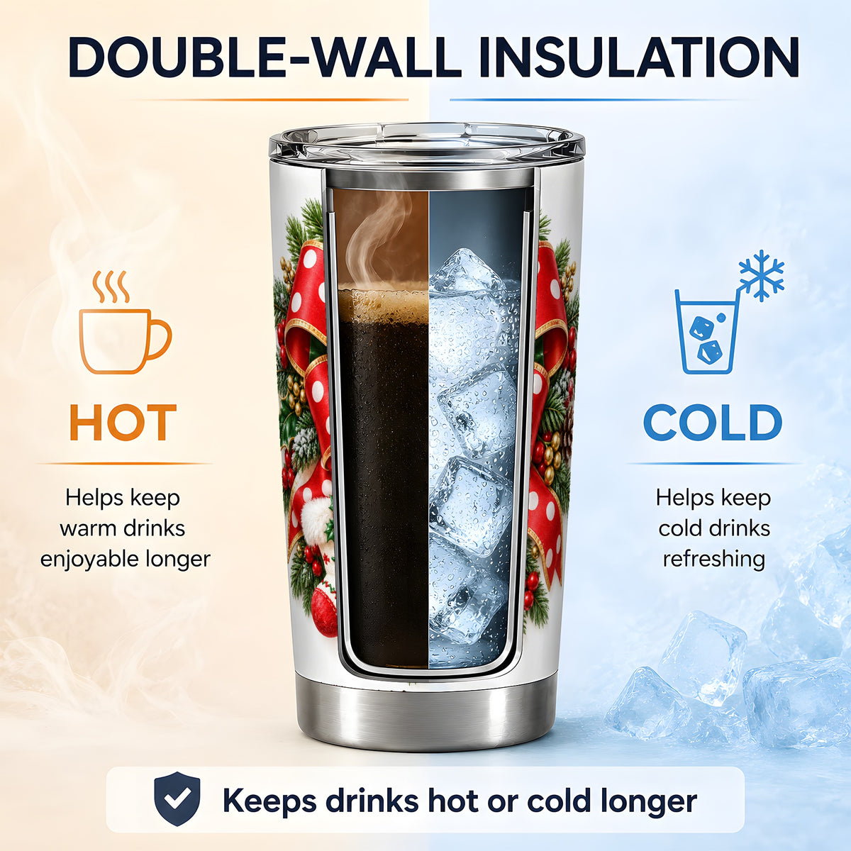 Christmas Wreath Bow Tumbler, 20oz Stainless Steel Festive Drinkware
