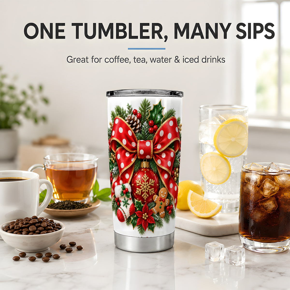 Christmas Wreath Bow Tumbler, 20oz Stainless Steel Festive Drinkware