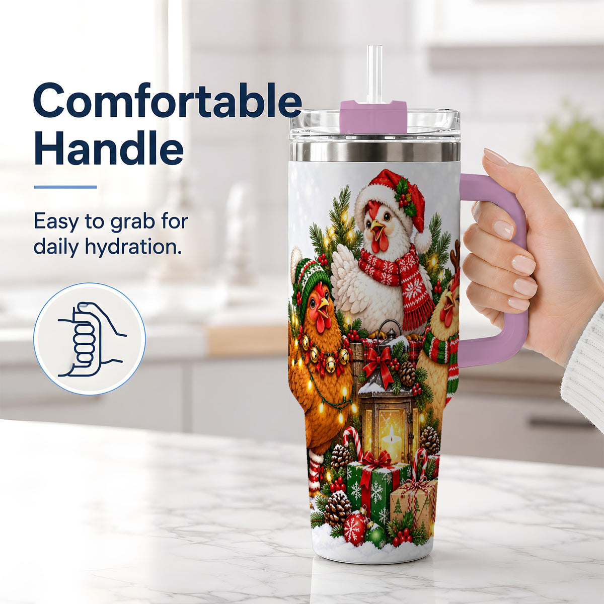 #pl[40oz|Pink] Christmas Chickens Handled Tumbler, 40oz Farmhouse Holiday Drinkware