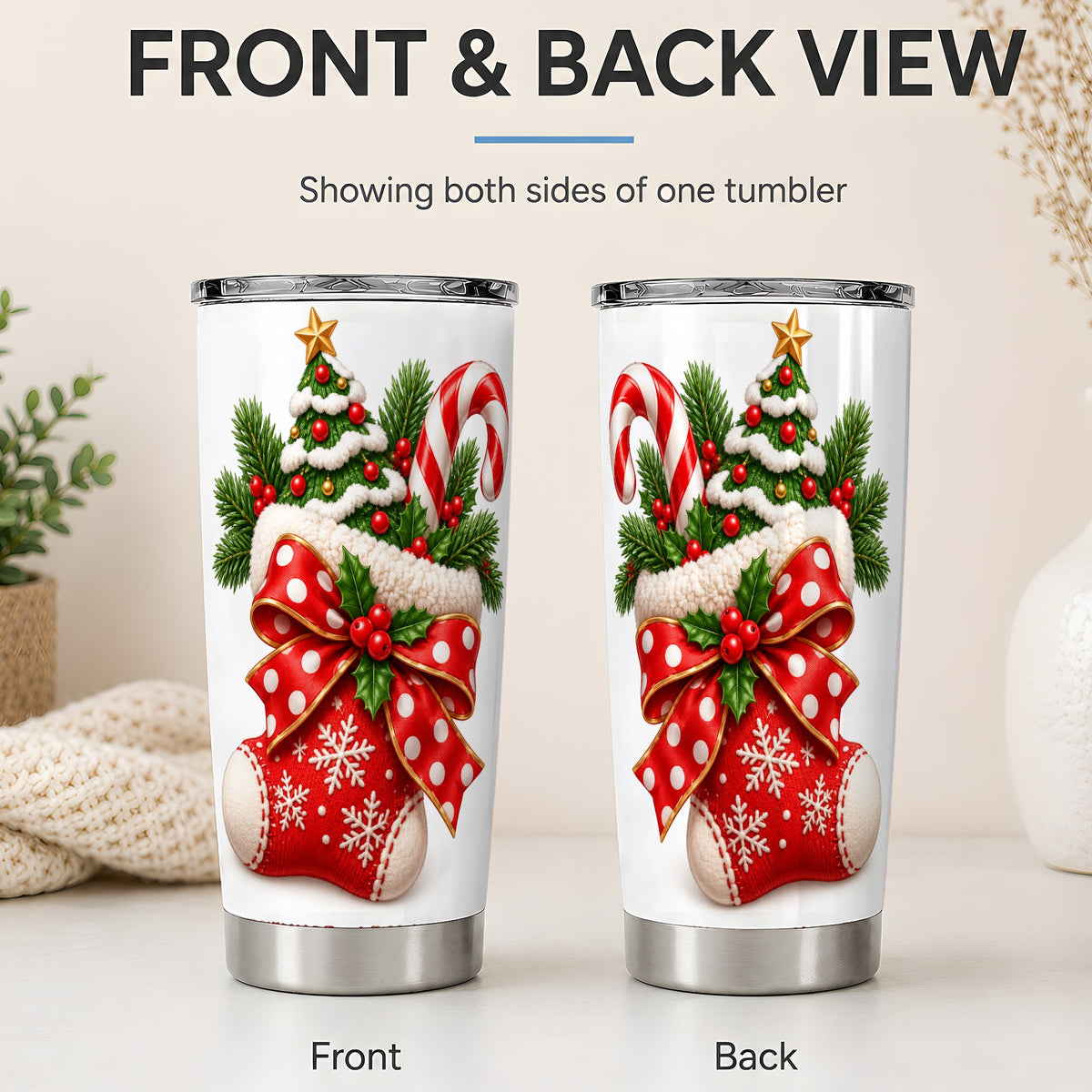 #pl[20oz|Steel] Christmas Stocking Bow Tumbler, 20oz Stainless Steel Holiday Drinkware
