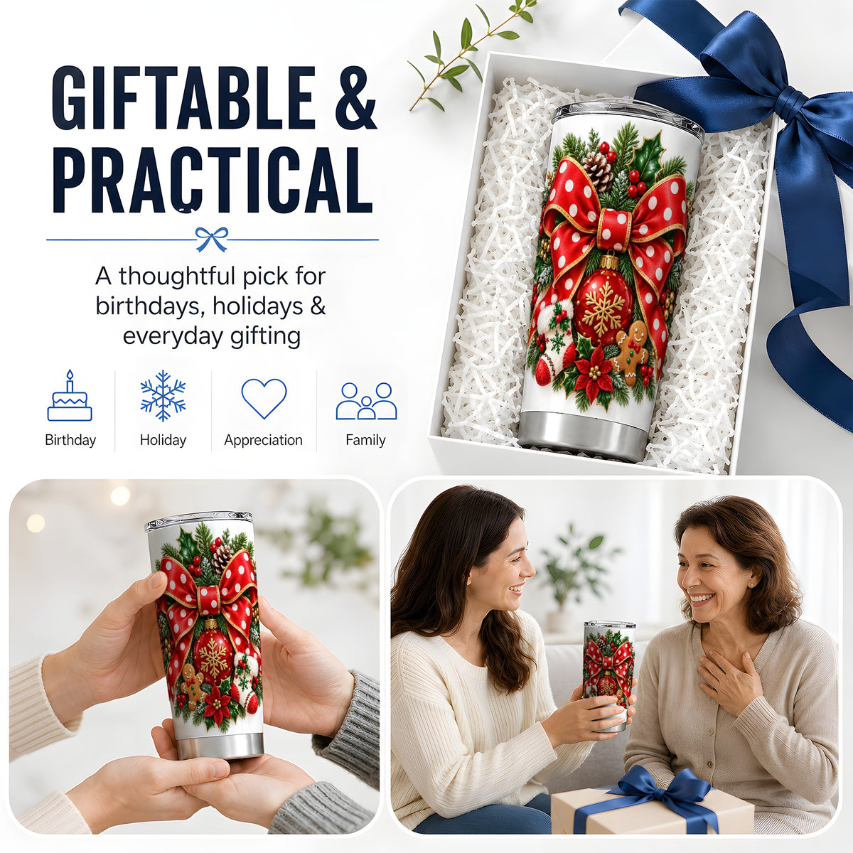 Christmas Wreath Bow Tumbler, 20oz Stainless Steel Festive Drinkware