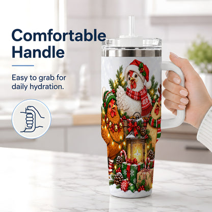 #pl[40oz|White] Christmas Chickens Handled Tumbler, 40oz Farmhouse Holiday Drinkware