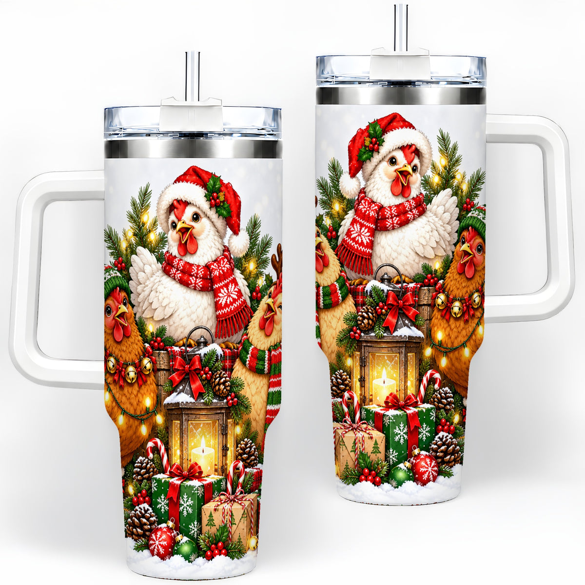 Christmas Chickens Handled Tumbler, 40oz Farmhouse Holiday Drinkware