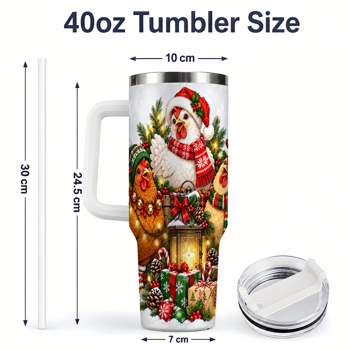 #pl[40oz|White] Christmas Chickens Handled Tumbler, 40oz Farmhouse Holiday Drinkware