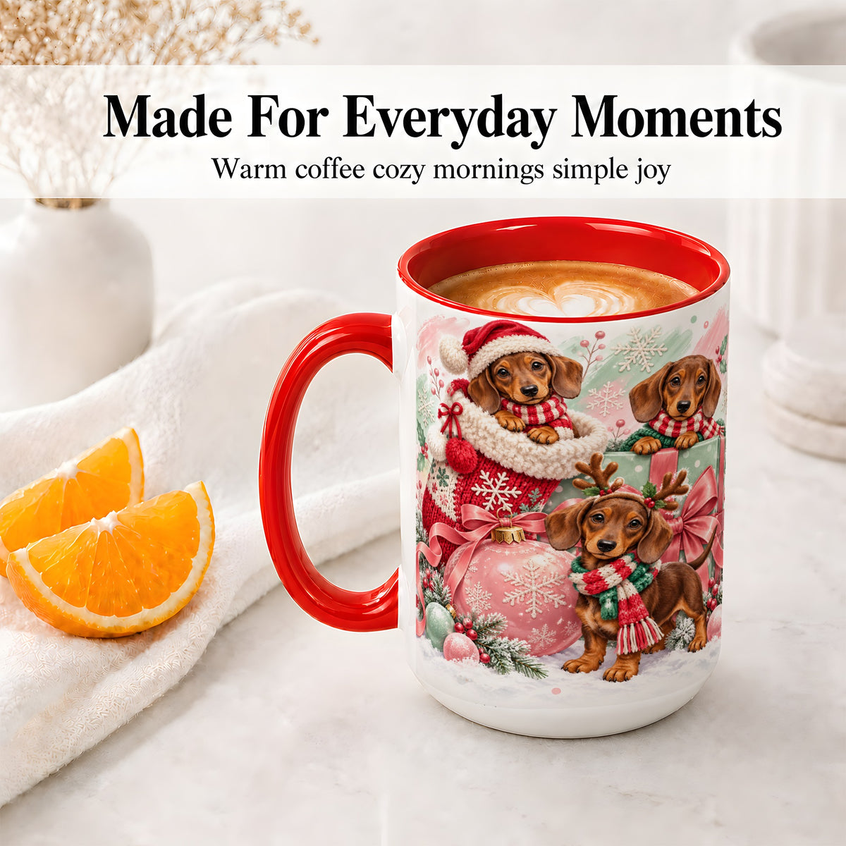#pl[15oz|Red] Christmas Dachshund Puppies Accent Mug, Ceramic Holiday Cup