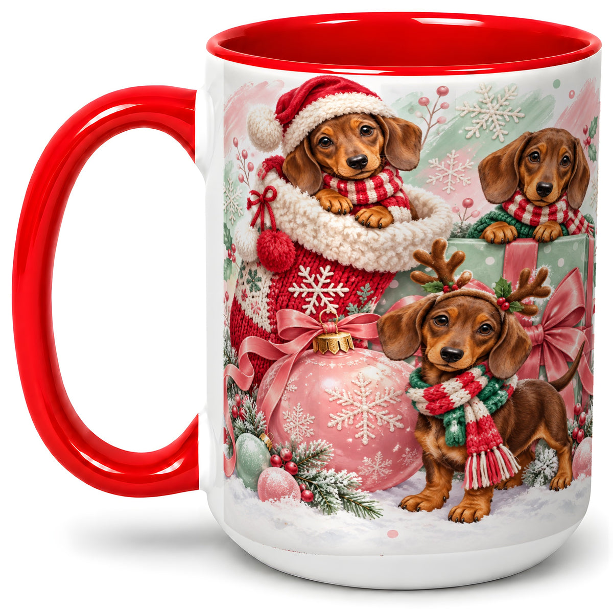 #pl[15oz|Red] Christmas Dachshund Puppies Accent Mug, Ceramic Holiday Cup