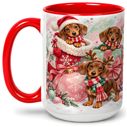 #pl[15oz|Red] Christmas Dachshund Puppies Accent Mug, Ceramic Holiday Cup