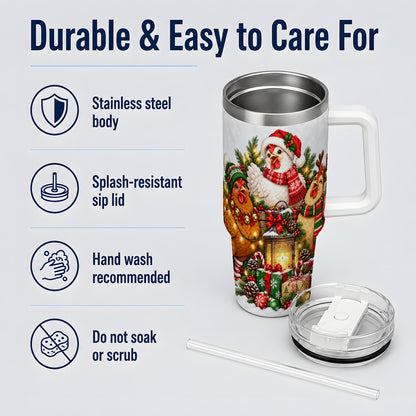 Christmas Chickens Handled Tumbler, 40oz Farmhouse Holiday Drinkware