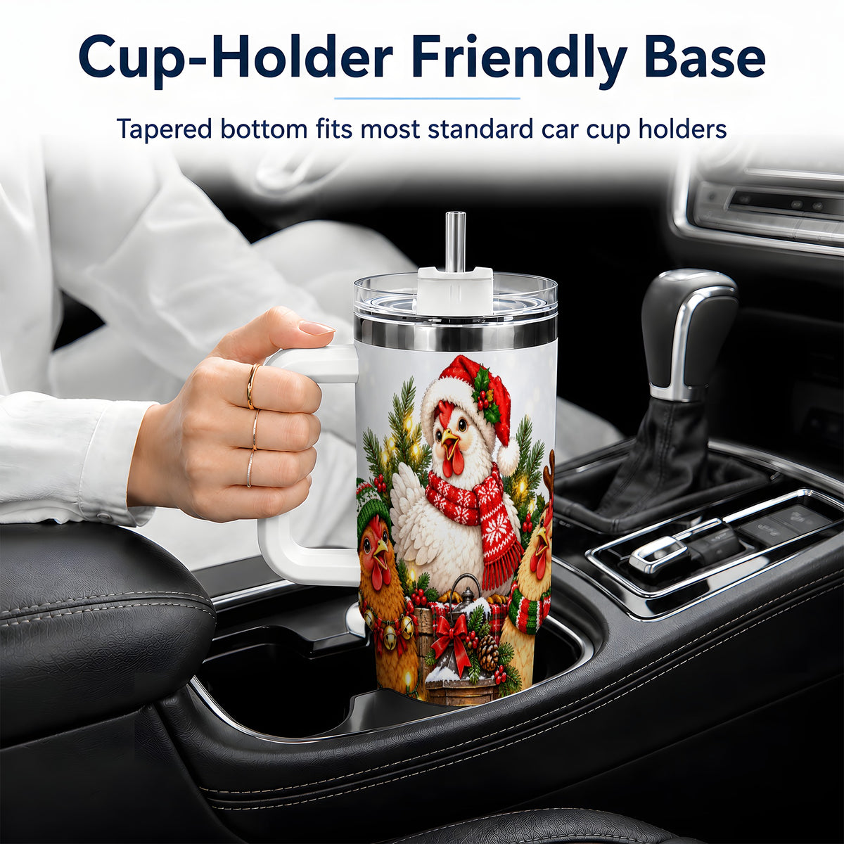 Christmas Chickens Handled Tumbler, 40oz Farmhouse Holiday Drinkware