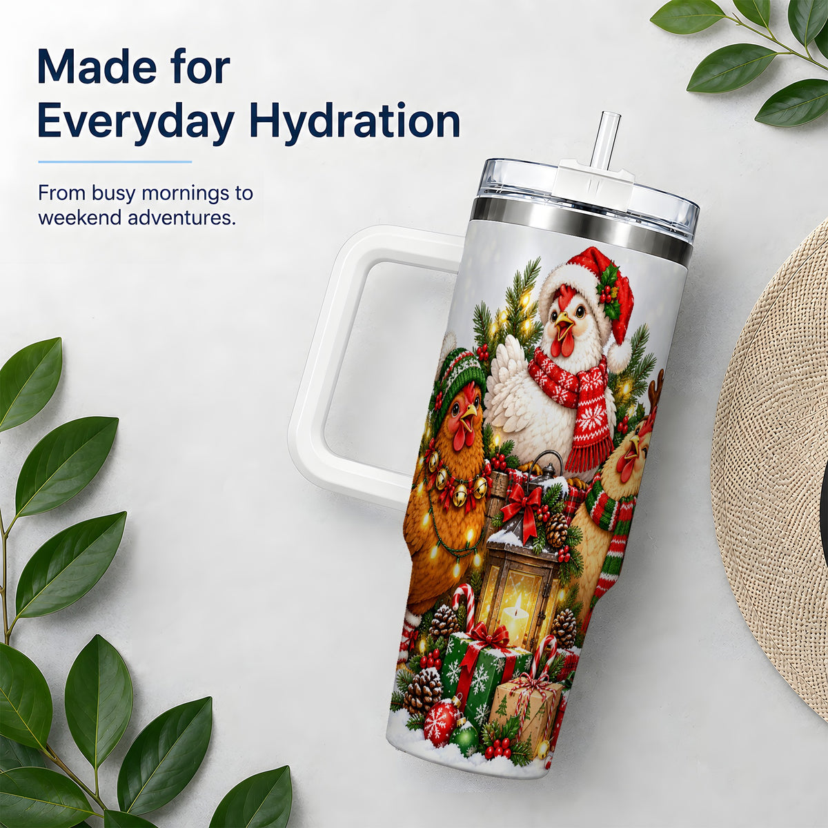 Christmas Chickens Handled Tumbler, 40oz Farmhouse Holiday Drinkware