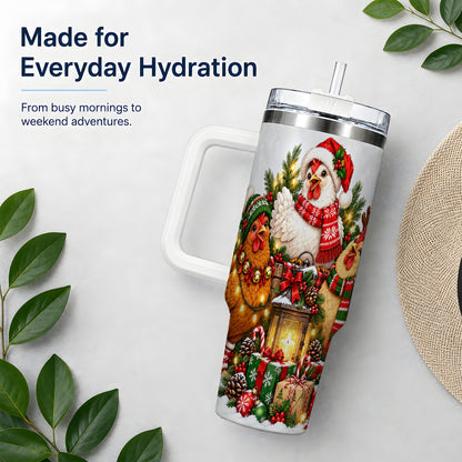 Christmas Chickens Handled Tumbler, 40oz Farmhouse Holiday Drinkware