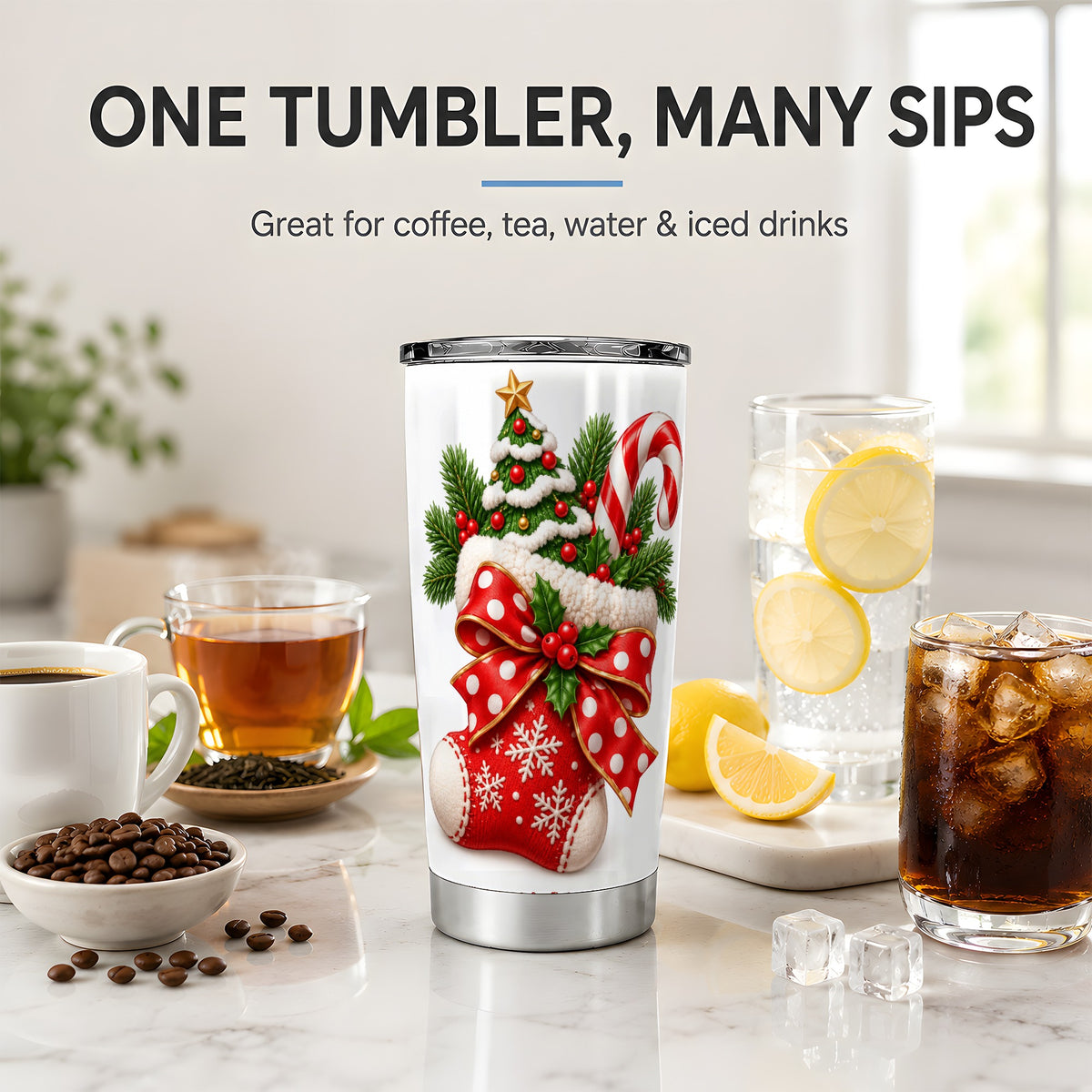 Christmas Stocking Bow Tumbler, 20oz Stainless Steel Holiday Drinkware