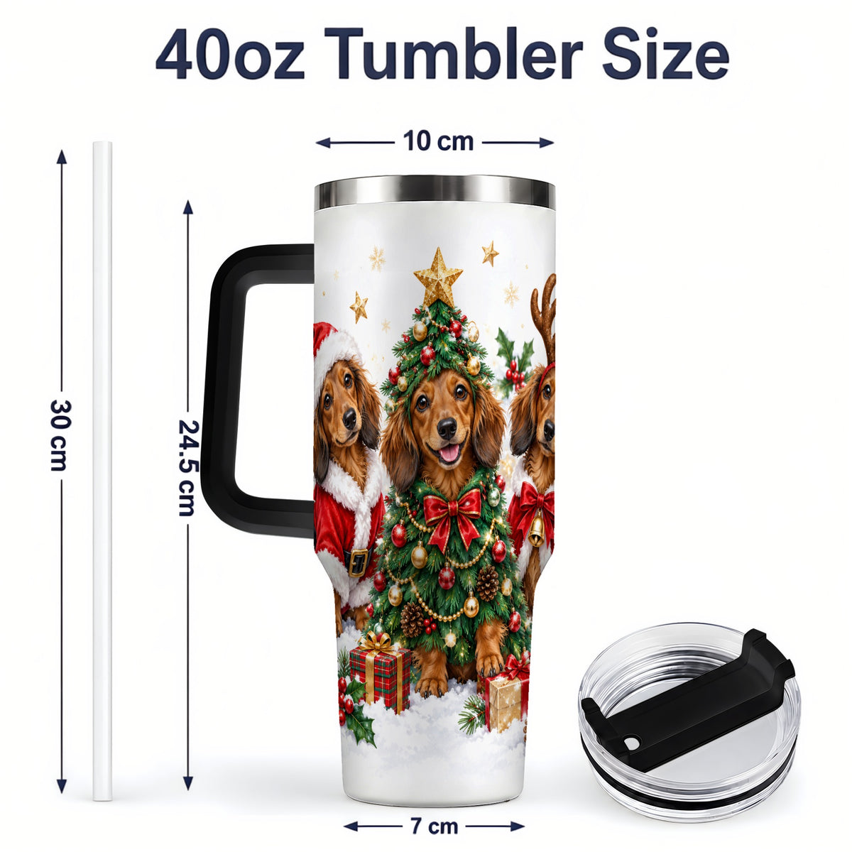 #pl[40oz|Black] Christmas Dachshund Trio Handled Tumbler, 40oz Holiday Drinkware