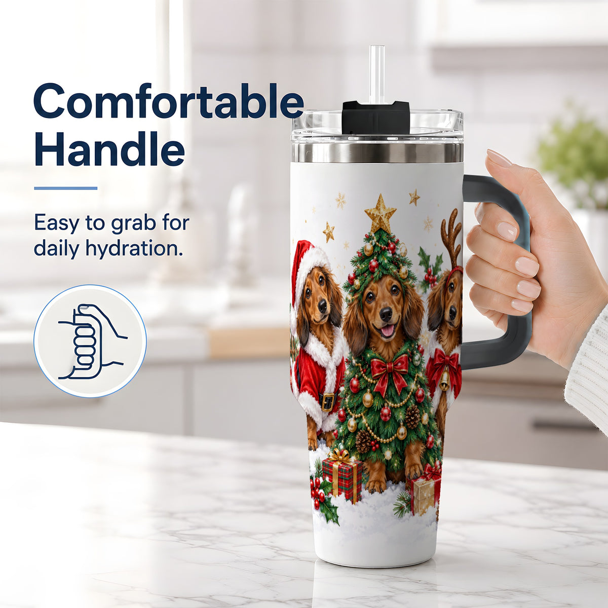 #pl[40oz|Black] Christmas Dachshund Trio Handled Tumbler, 40oz Holiday Drinkware