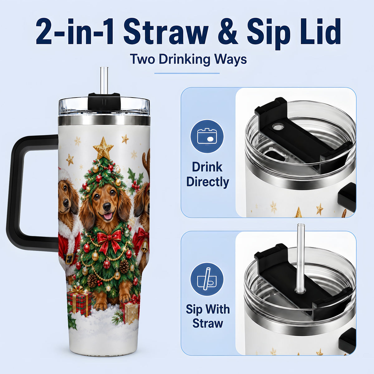 #pl[40oz|Black] Christmas Dachshund Trio Handled Tumbler, 40oz Holiday Drinkware