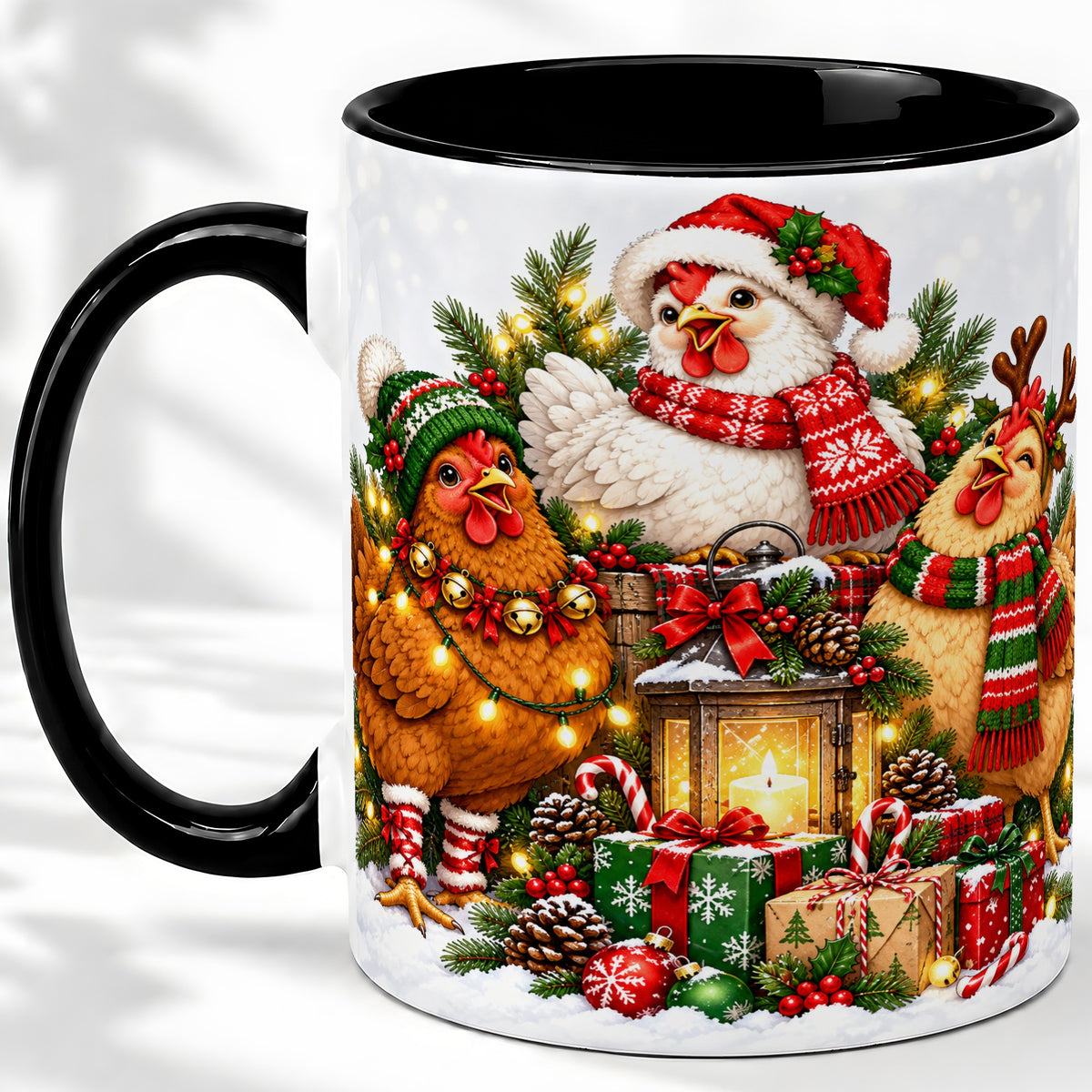 #pl[11oz|Black] Christmas Chickens Accent Mug, Ceramic Coffee Cup for Chicken Lovers