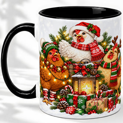 #pl[11oz|Black] Christmas Chickens Accent Mug, Ceramic Coffee Cup for Chicken Lovers