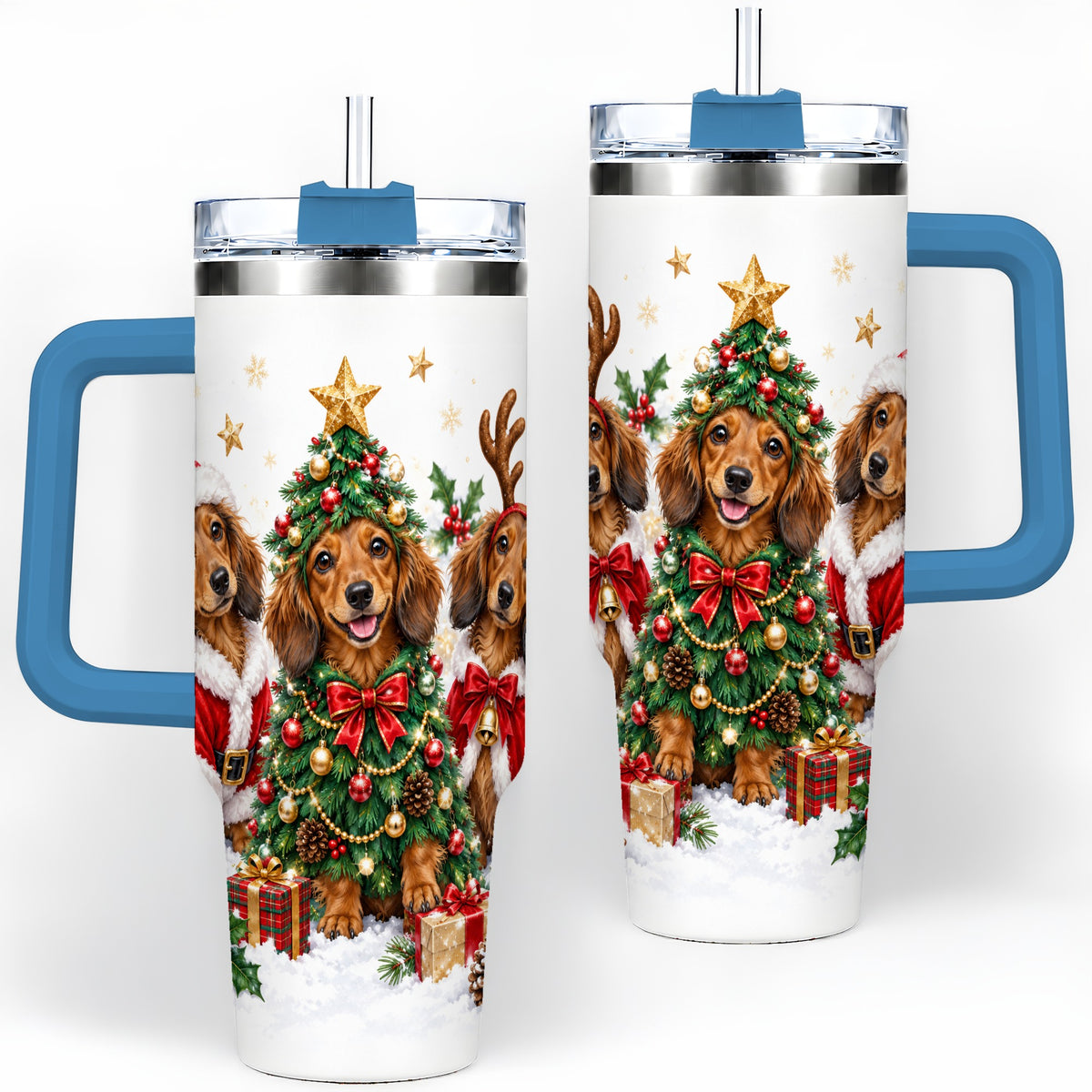 #pl[40oz|Blue] Christmas Dachshund Trio Handled Tumbler, 40oz Holiday Drinkware
