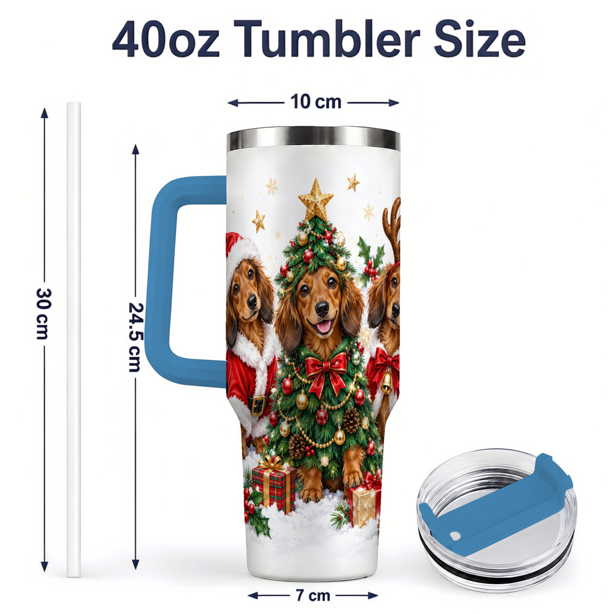 #pl[40oz|Blue] Christmas Dachshund Trio Handled Tumbler, 40oz Holiday Drinkware