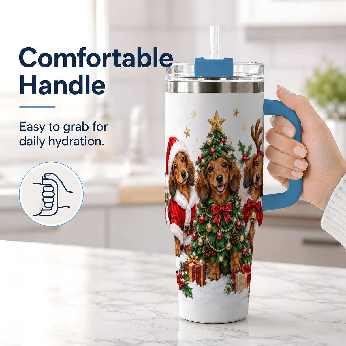 #pl[40oz|Blue] Christmas Dachshund Trio Handled Tumbler, 40oz Holiday Drinkware