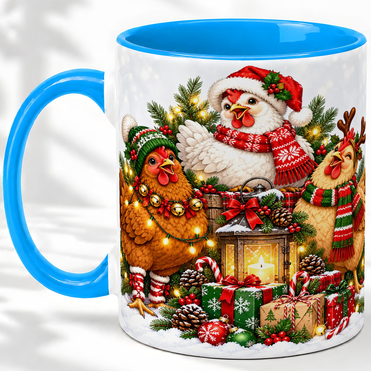 #pl[11oz|Blue] Christmas Chickens Accent Mug, Ceramic Coffee Cup for Chicken Lovers