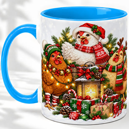 #pl[11oz|Blue] Christmas Chickens Accent Mug, Ceramic Coffee Cup for Chicken Lovers