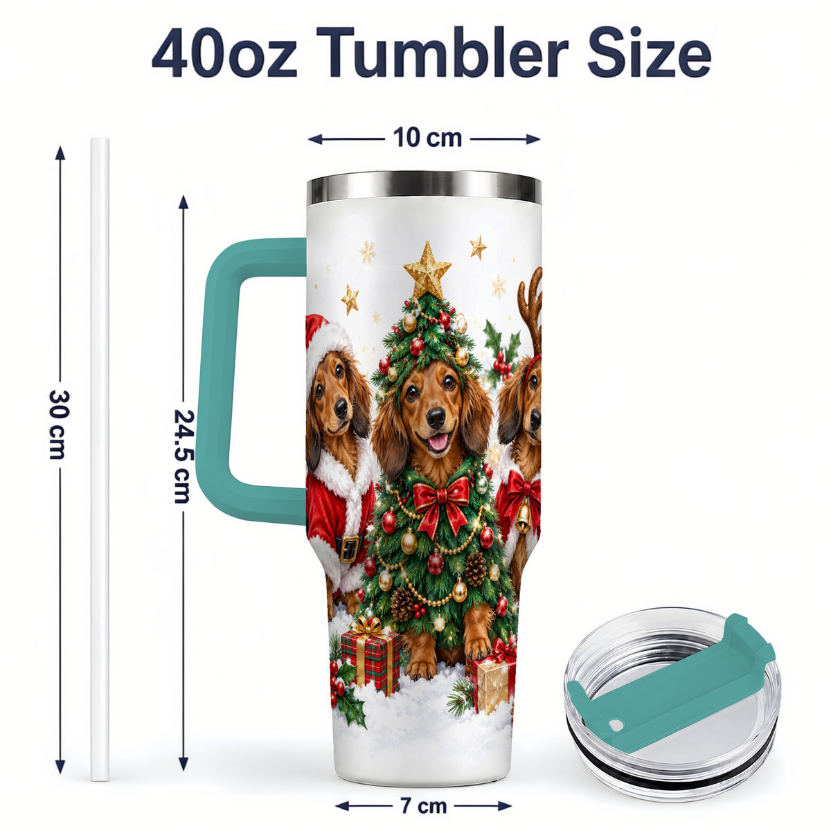 #pl[40oz|Green] Christmas Dachshund Trio Handled Tumbler, 40oz Holiday Drinkware