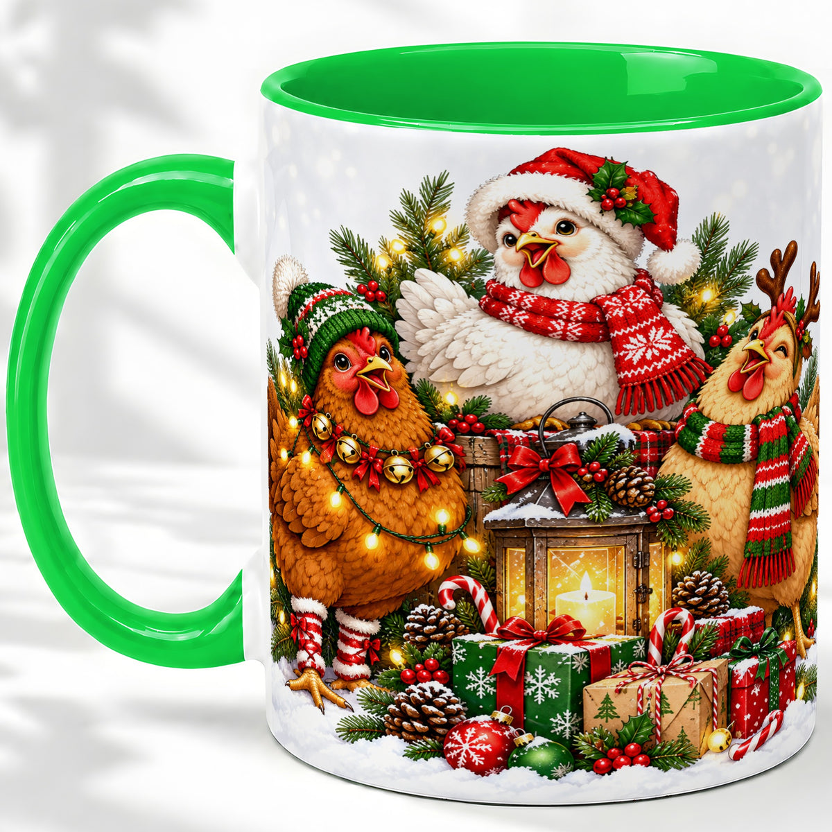 #pl[11oz|Green] Christmas Chickens Accent Mug, Ceramic Coffee Cup for Chicken Lovers