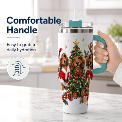 #pl[40oz|Green] Christmas Dachshund Trio Handled Tumbler, 40oz Holiday Drinkware
