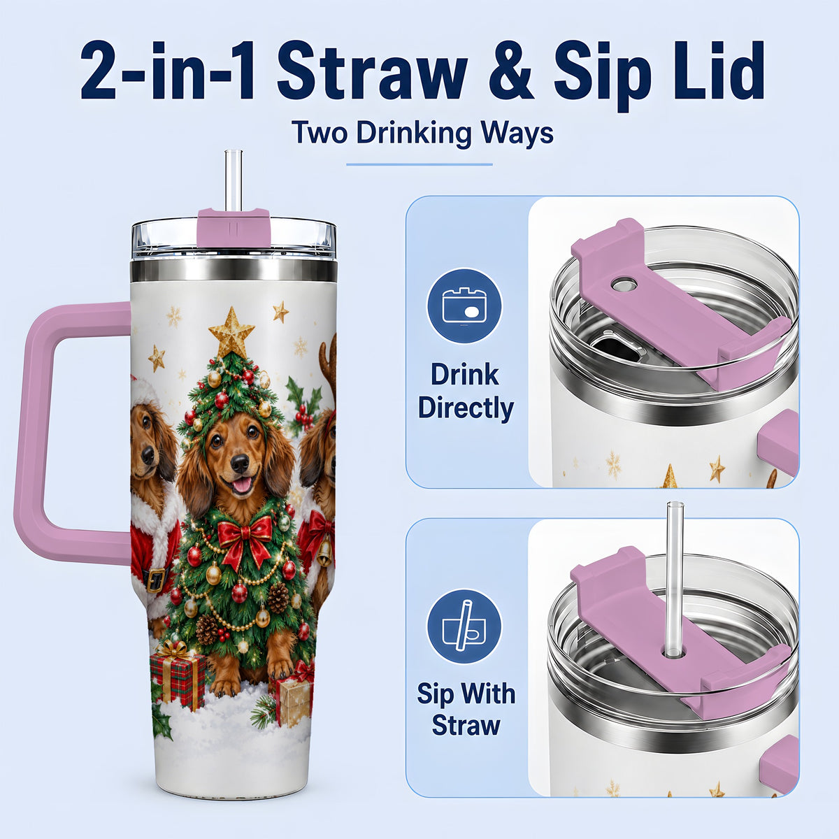#pl[40oz|Pink] Christmas Dachshund Trio Handled Tumbler, 40oz Holiday Drinkware