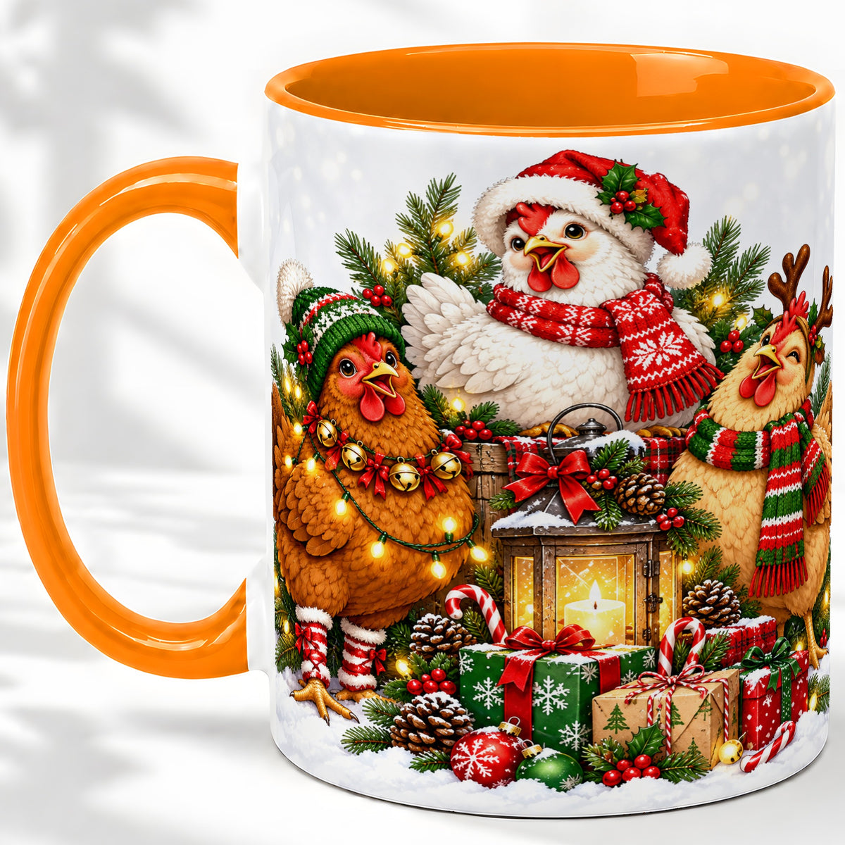 #pl[11oz|Orange] Christmas Chickens Accent Mug, Ceramic Coffee Cup for Chicken Lovers