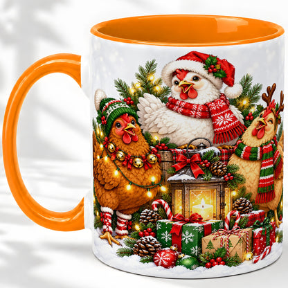 #pl[11oz|Orange] Christmas Chickens Accent Mug, Ceramic Coffee Cup for Chicken Lovers