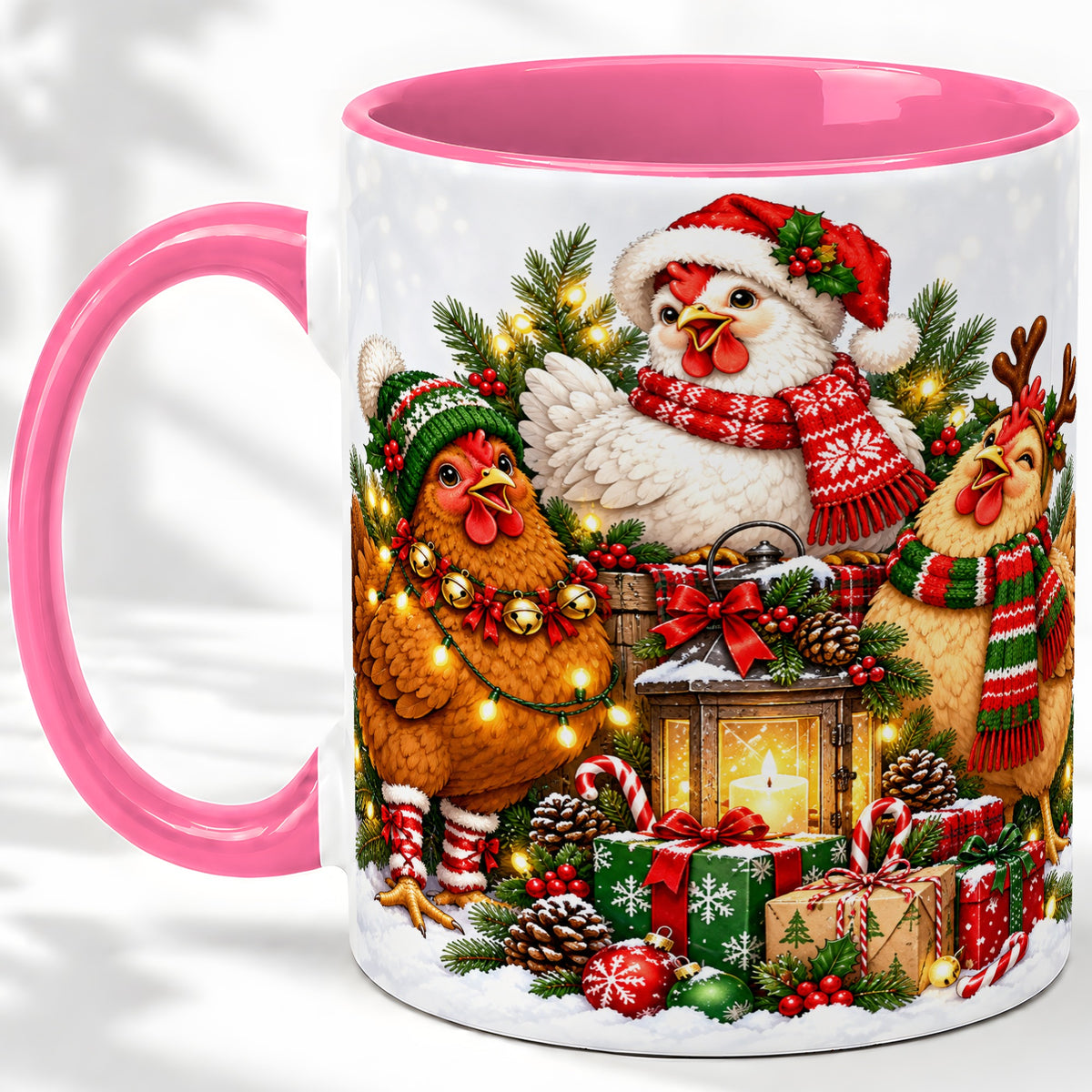 #pl[11oz|Pink] Christmas Chickens Accent Mug, Ceramic Coffee Cup for Chicken Lovers