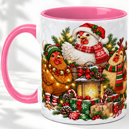 #pl[11oz|Pink] Christmas Chickens Accent Mug, Ceramic Coffee Cup for Chicken Lovers