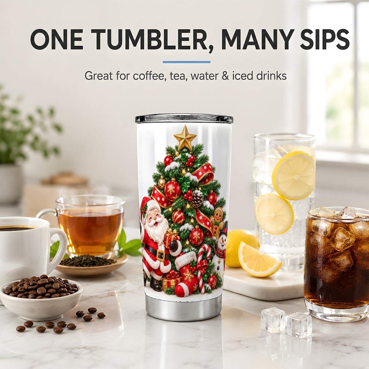 Santa Christmas Tree Tumbler, 20oz Stainless Steel Holiday Drinkware
