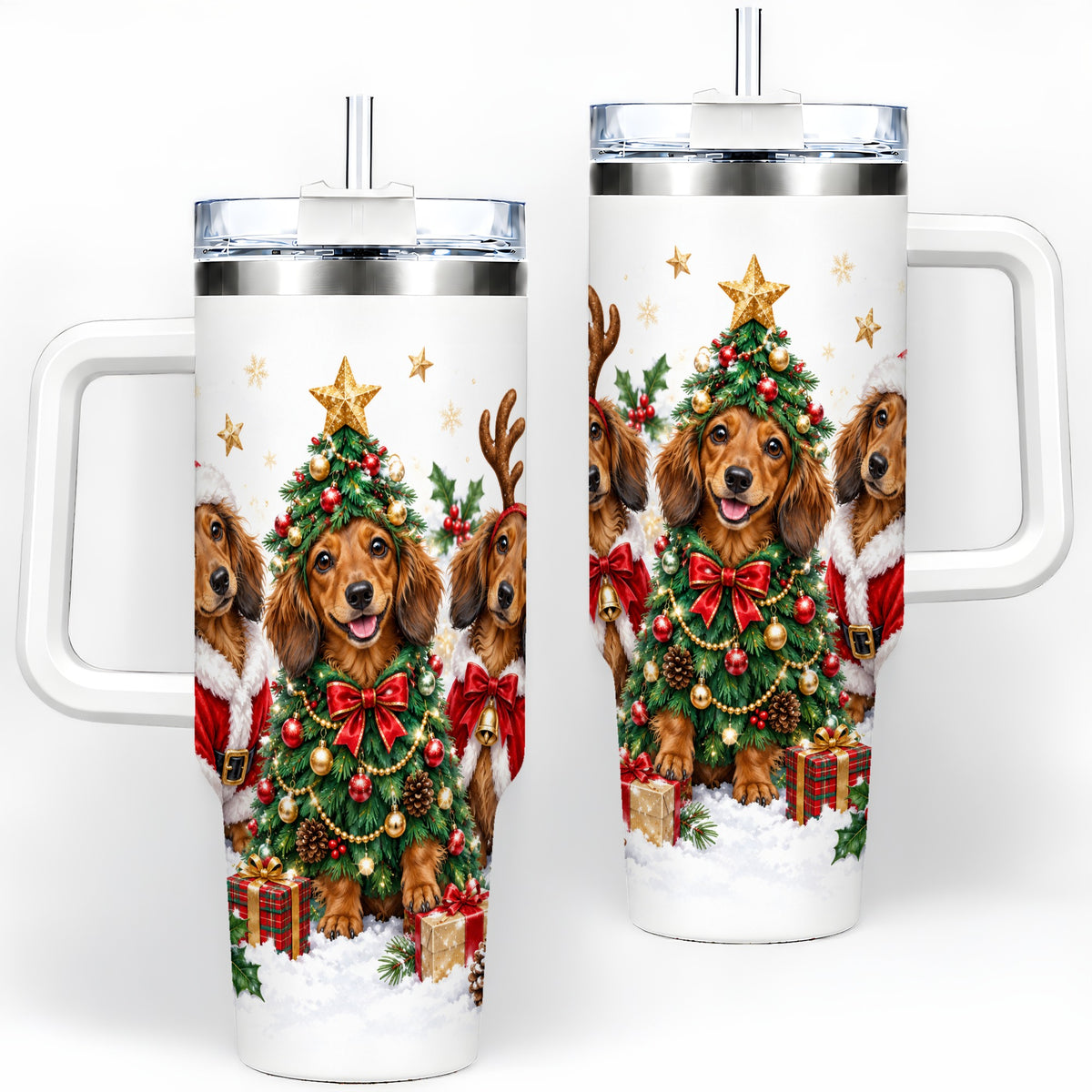 Christmas Dachshund Trio Handled Tumbler, 40oz Holiday Drinkware