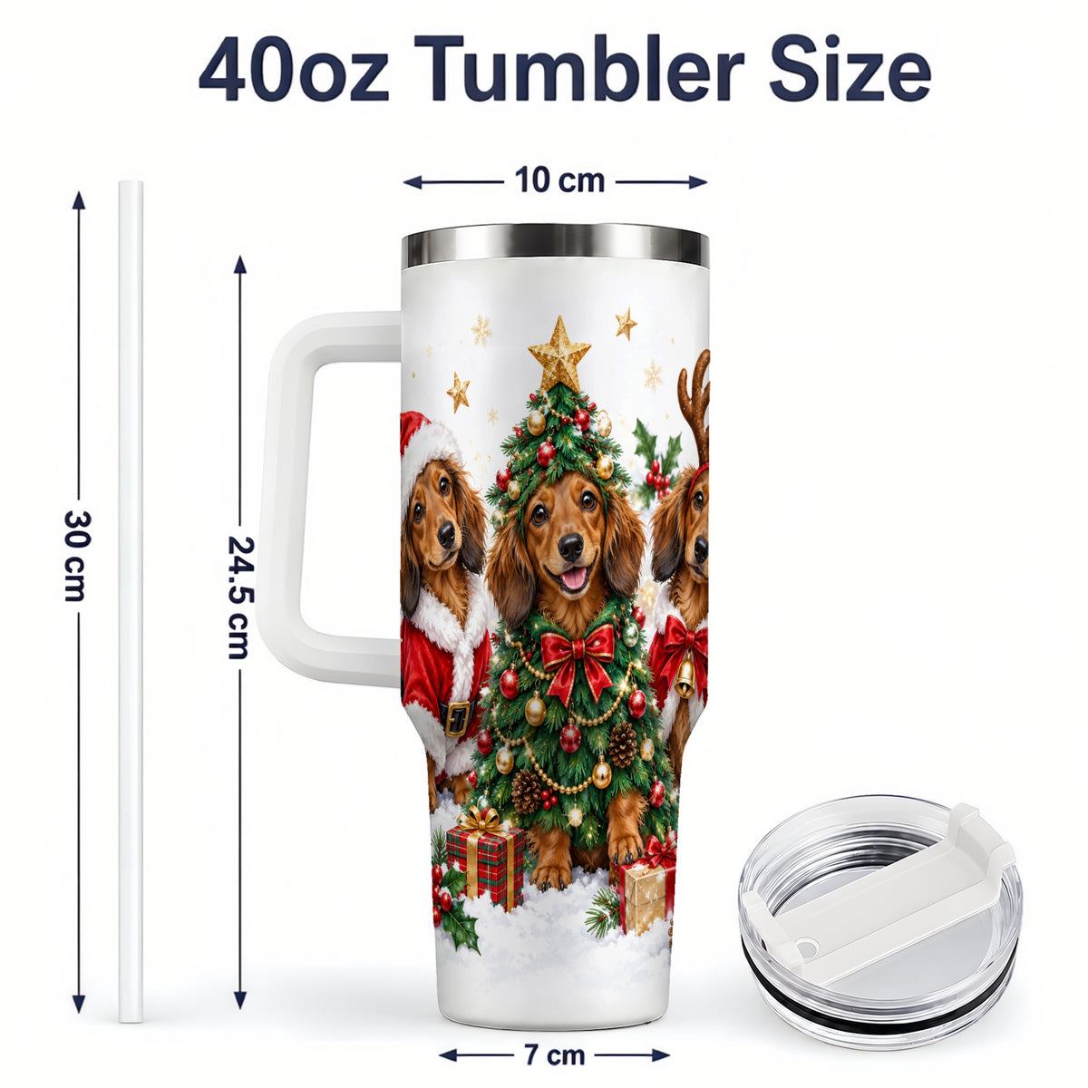 #pl[40oz|White] Christmas Dachshund Trio Handled Tumbler, 40oz Holiday Drinkware