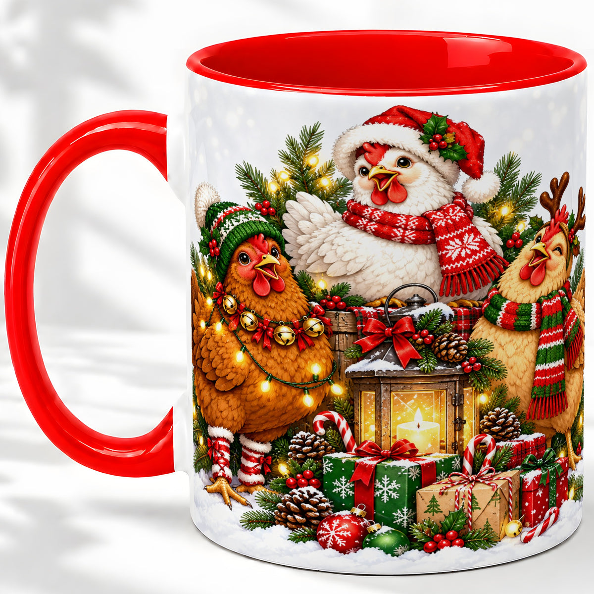 Christmas Chickens Accent Mug, Ceramic Coffee Cup for Chicken Lovers